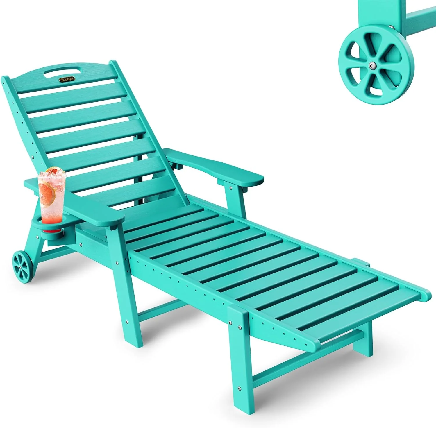 Lounge Chair Outdoor, Chaise Lounge, HDPE 6-Position Outdoor Chaise Lounge, Patio Lounge Chair with Wheels & Cup Holder for Pool Poolside Deck Backyard, Teak