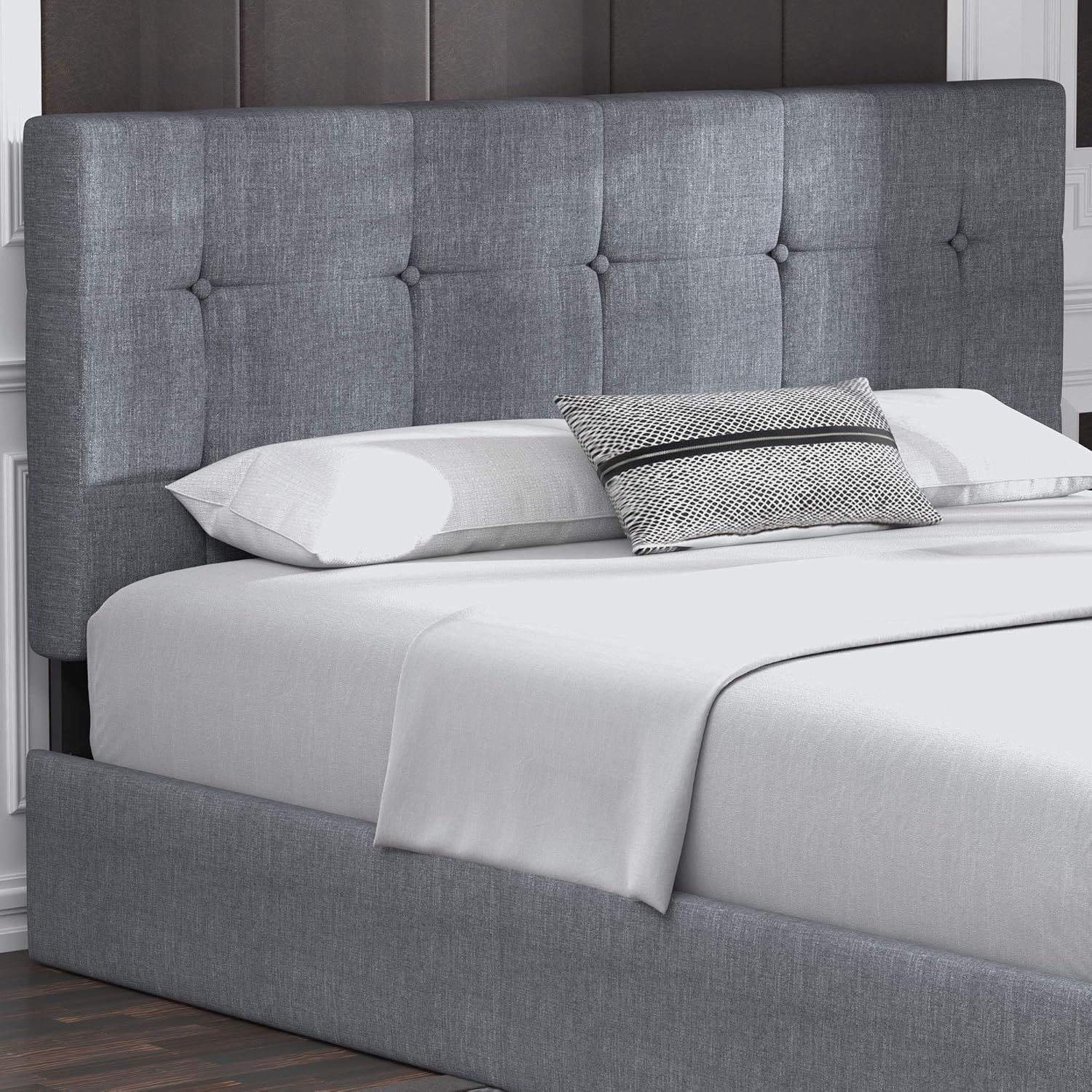 Allewie Upholstered Queen Size Platform Bed Frame with 4 Storage Drawers and Headboard, Square Stitched Button Tufted, Mattress Foundation with Wooden Slats Support, No Box Spring Needed, Light Grey