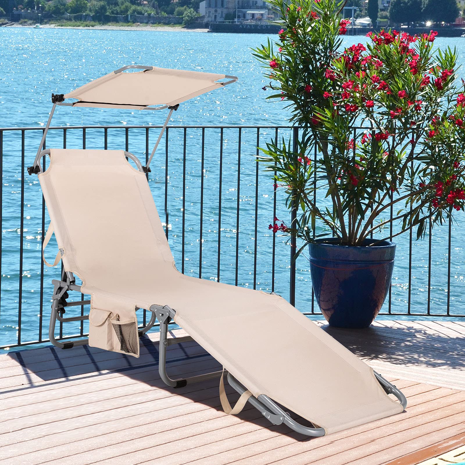Folding Lounge Chair w/Shade Canopy and Storage Pocket