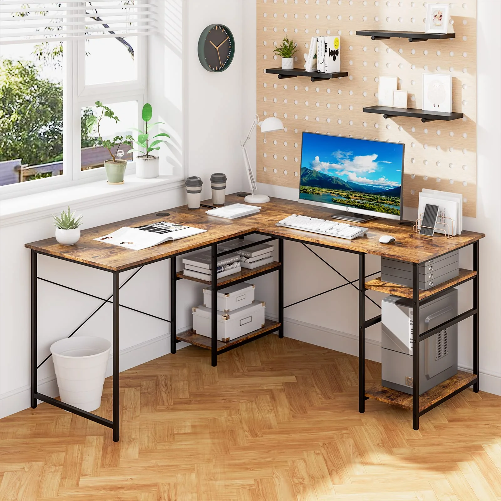 Giantex L-Shaped Desk with Storage Shelves, 242cm Wooden Corner Desk