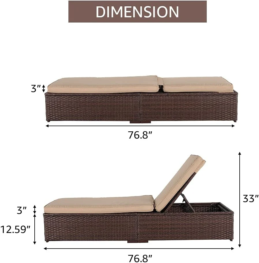 Patiorama Outdoor Patio Lounge Chair, Elegant Reclining Adjustable Pool Rattan Chaise Chair with Beige Cushion, Brown PE Wicker, Steel Frame, Set of 2