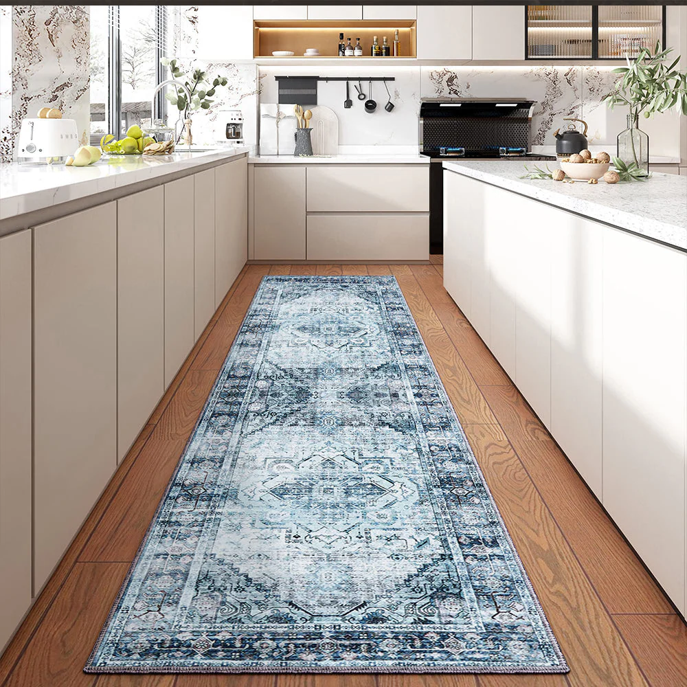 Large Vintage Washable Rug 9x12 Blue Low-Pile Indoor Floral Print Carpet