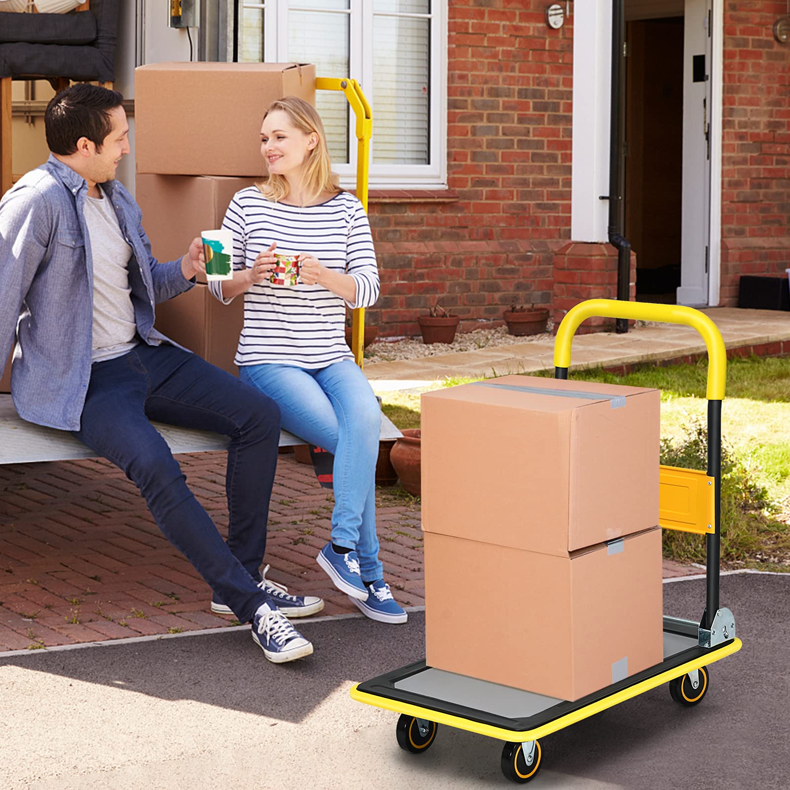 Folding Platform Cart, 330LBS Rolling Flatbed Cart Hand Platform Truck Push Dolly for Loading, Yellow