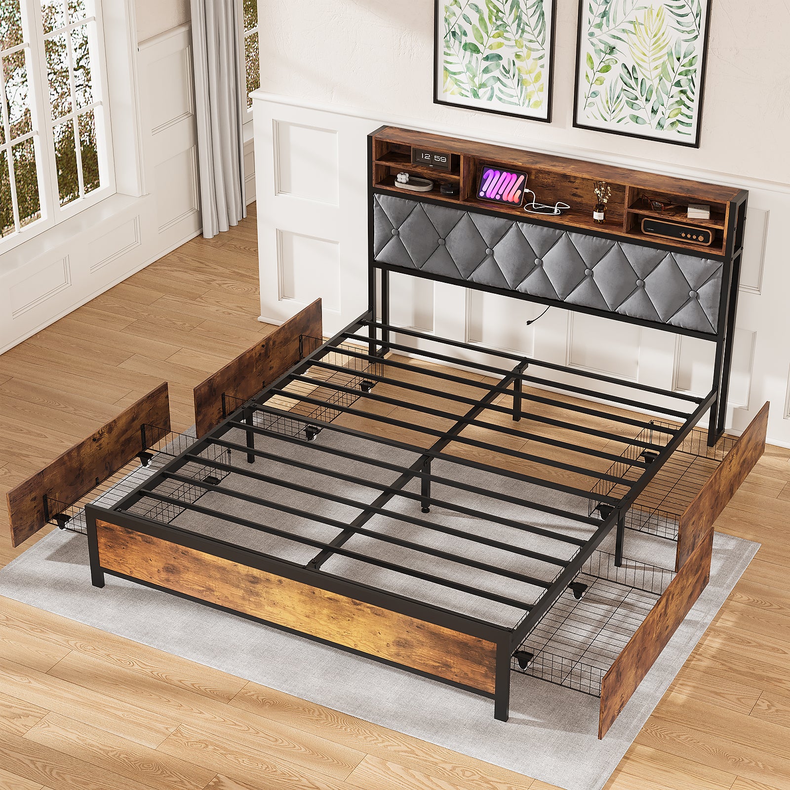 Bed Frame Double Size with Charging Station