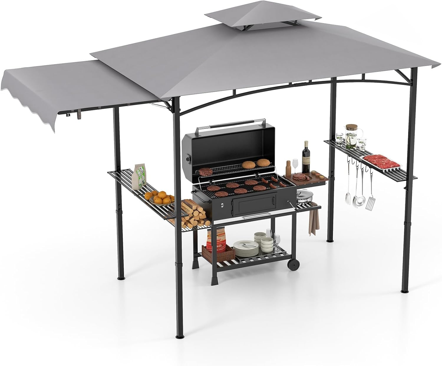 Costway Grill Gazebo w/Side Awning, 318 cm x 153 cm Outdoor BBQ Gazebo w/ 2 Side Shelves, Hanging Hooks & Bottle Opener, Double-Tiered Barbecue Canopy for Backyard, Patio