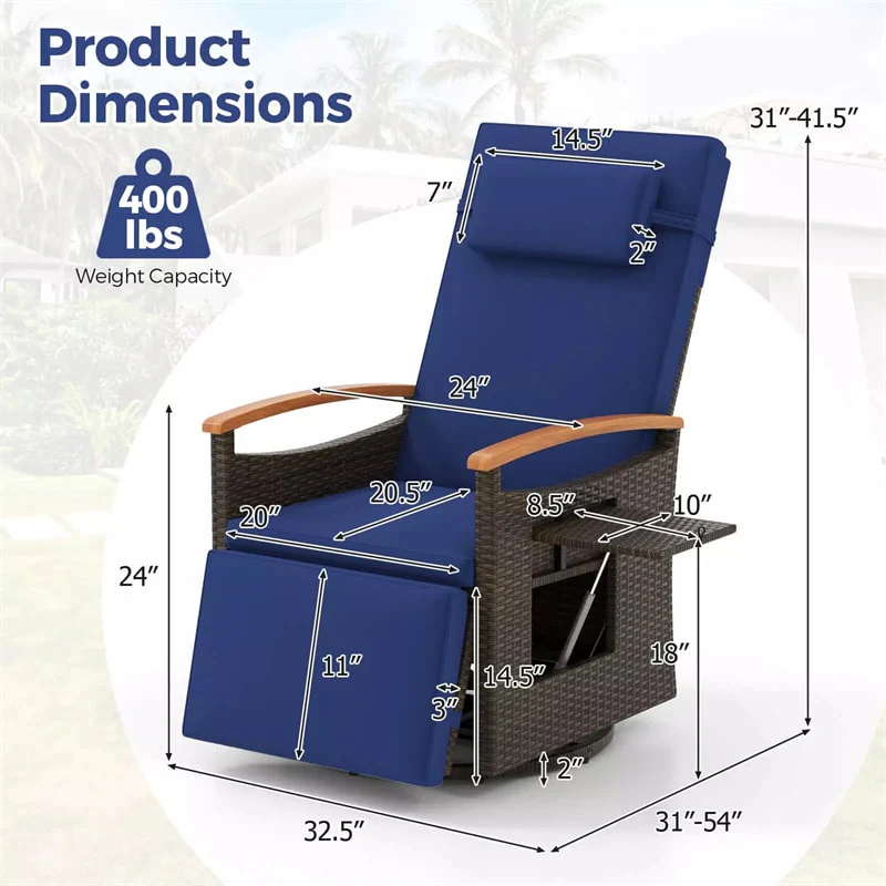 Outdoor 360?? Swivel Rattan Recliner Chair with Adjustable Backrest & Footrest, Patio Wicker Chaise Lounge Chair with Flip Side Table & Cushion