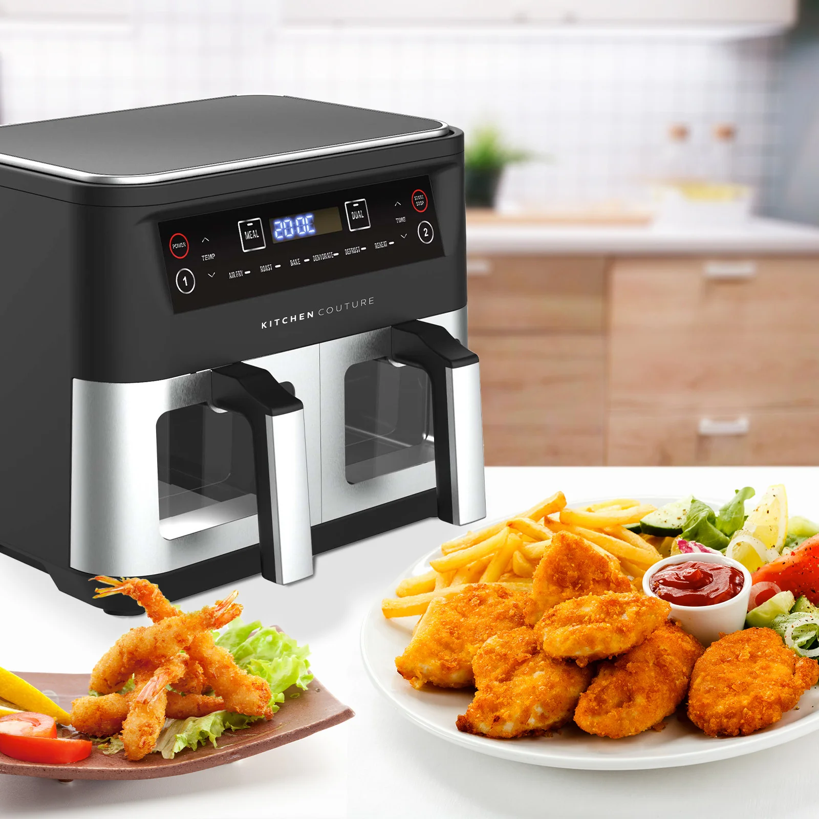 Kitchen Couture Dual View 2 x 5 Litre 10 Litre Air Fryer Stainless Steel