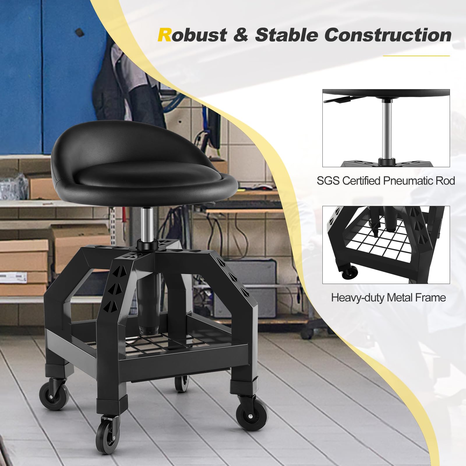 Mechanic Stool with Wheels, Adjustable Height Swivel Shop Stool Roller Seat with Tool Tray
