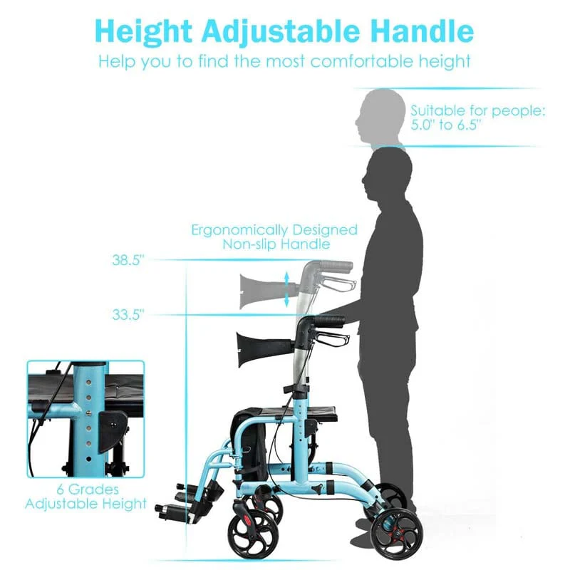 2 in 1 Rollator Walker Wheelchair Folding Medical Walker, Aluminum Transport Chair Mobility Walking Aid