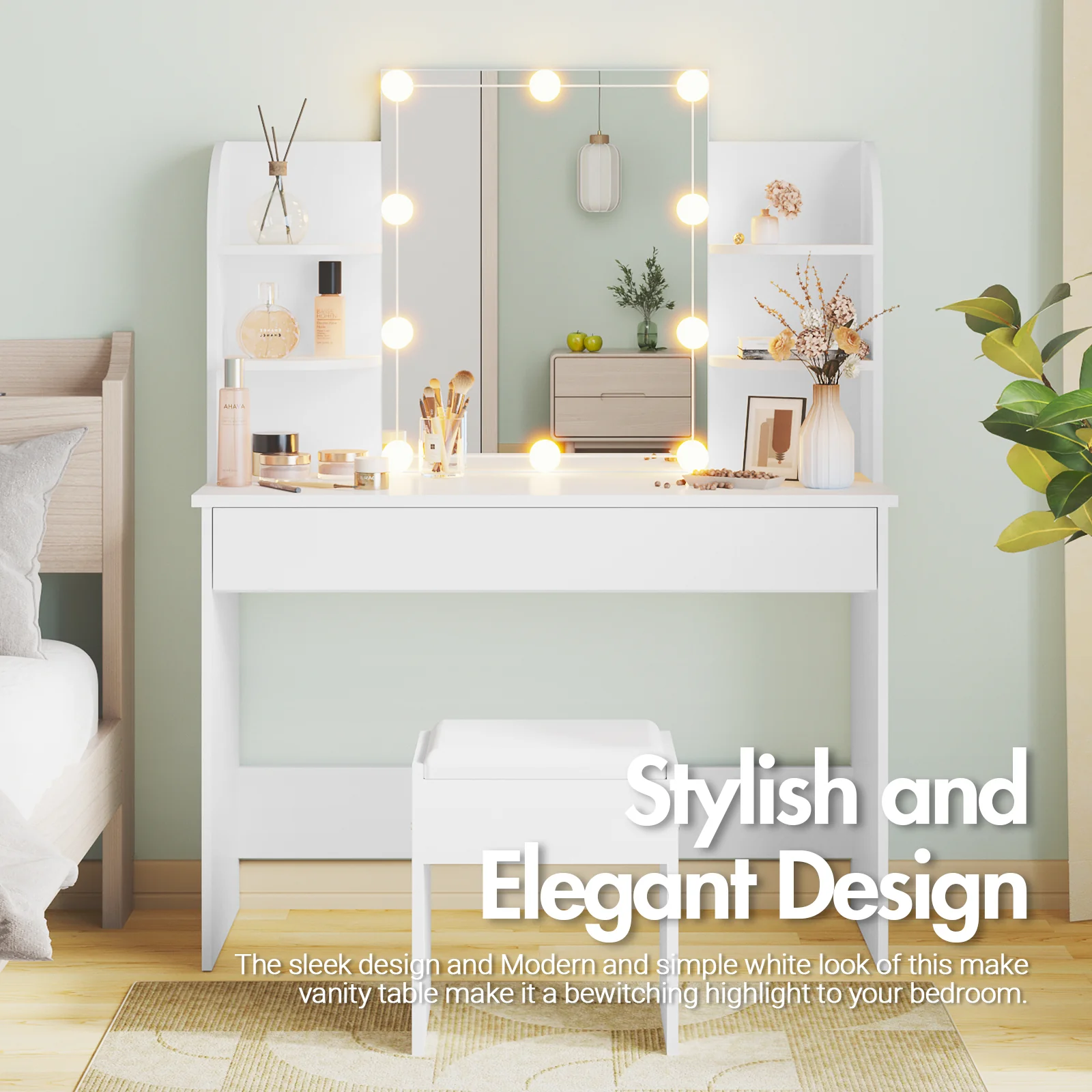 Dressing Table Stool Set 10 LED Bulbs Vanity
