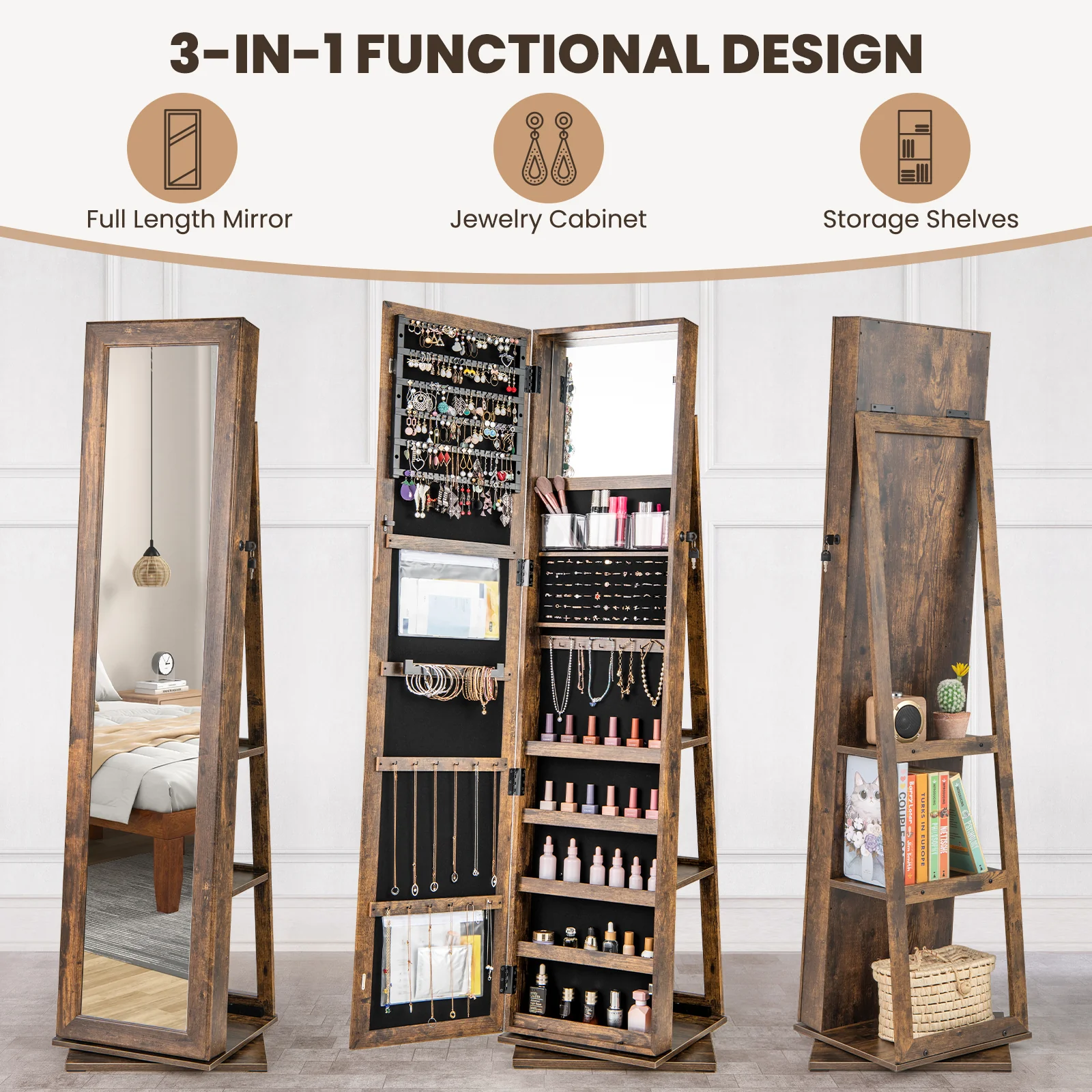 360�� Swivel Jewelry Armoire, Standing Jewelry Organizer with Full Length Mirror