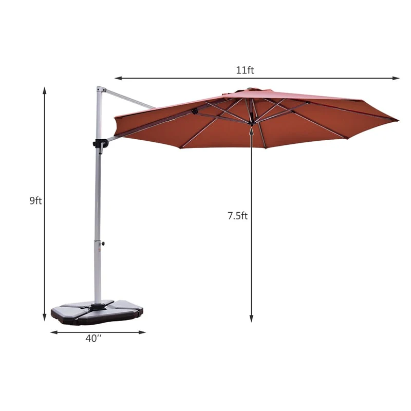 11 FT Patio Offset Cantilever Umbrella 360�� Rotation Tilt with Cross Base & Crank Handle