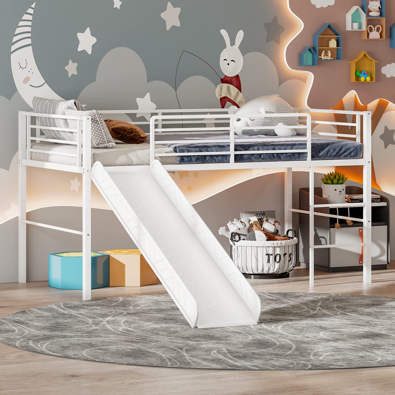 Giantex Metal Loft Bed with Slide, Heavy-Duty Steel Slats Support Loft Bed with Integrated Ladder & Full-Length Guardrails