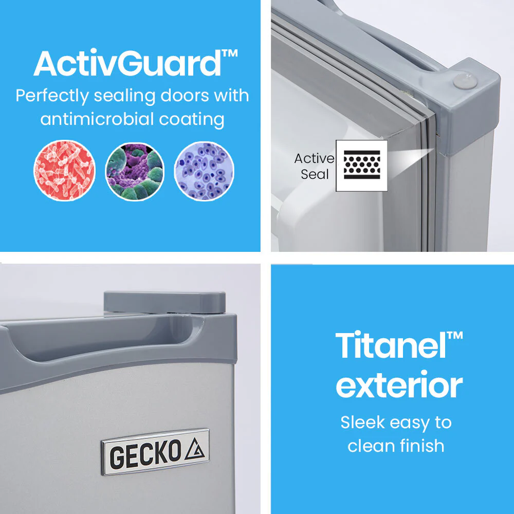 GECKO 95L Portable Upright Fridge and Freezer, 12V/24V for Camping, Caravans, Silver