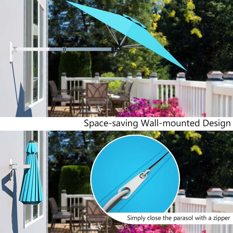 8 FT Patio Wall Mounted Umbrella with Adjustable Pole, Outdoor Tilting Sunshade Umbrella with Wind Vent
