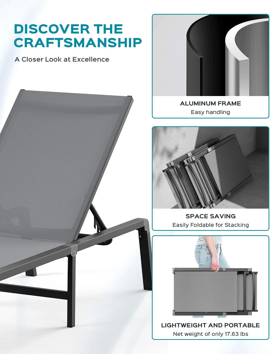 Aluminum Chaise Lounge Ourdoor - Foldable & Assemble Free Outdoor Lounge Chair with 5 Adjustable Backrest, Patio Lounge Chair for Outside Poolside Beach Pool, Black