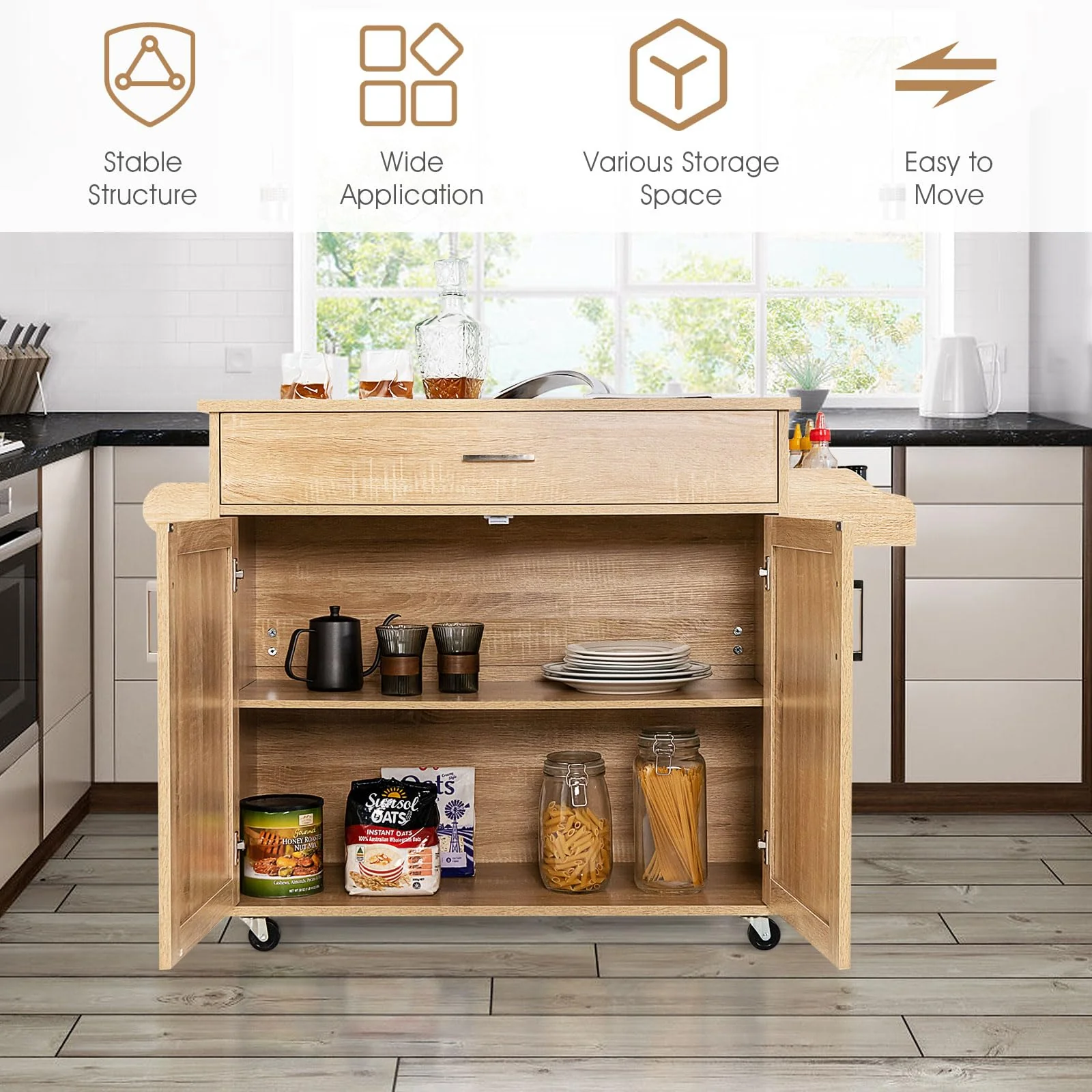 Giantex Wooden Rolling Kitchen Island, Storage Cart Trolley w/ Adjustable Shelf, Spice Storage Sgelf, Towel Rack & Drawer