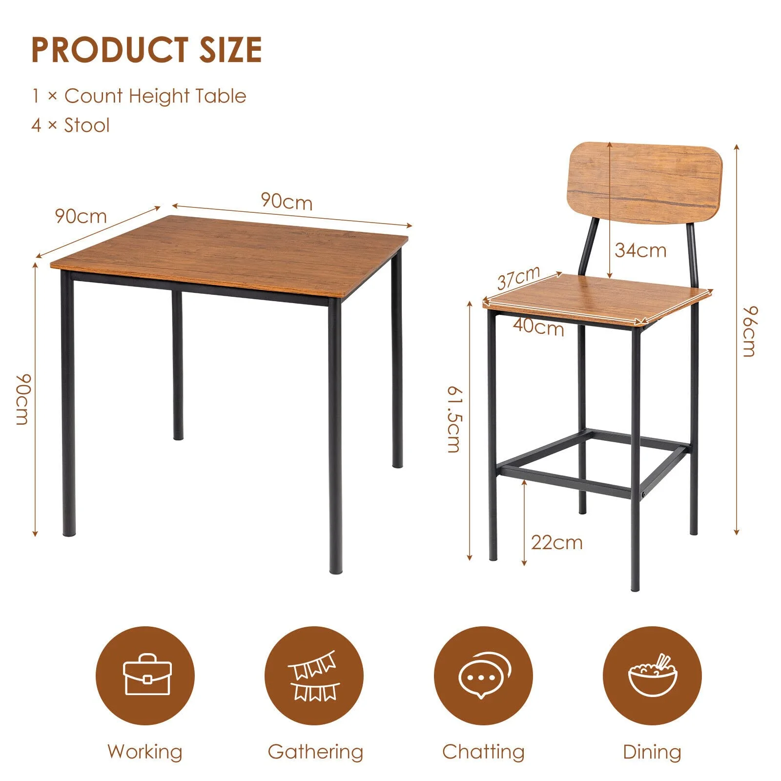 Giantex 5-Piece Dining Bar Table Set, 4 Person Kitchen Breakfast Table Set with Steel Frame , Walnut
