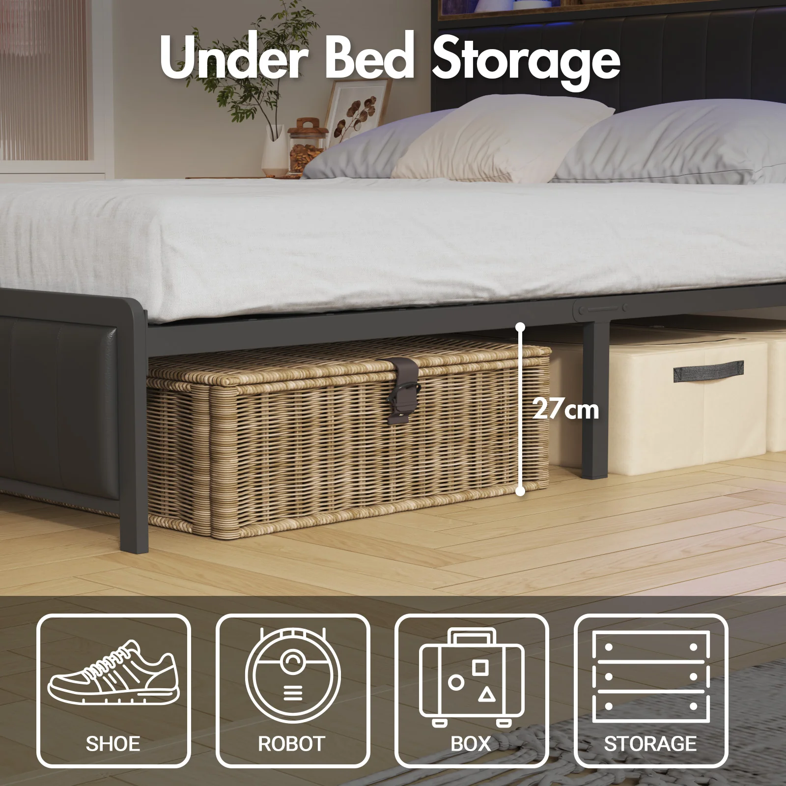 Bed Frame with Charging Station & LED Storage Shelf