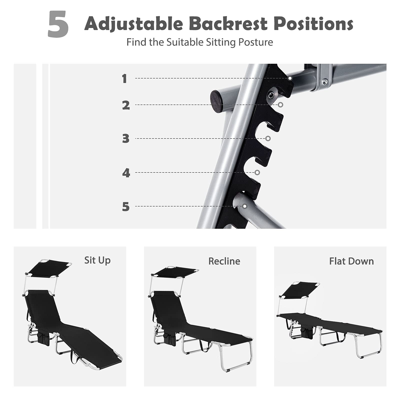Folding Lounge Chair w/Shade Canopy and Storage Pocket