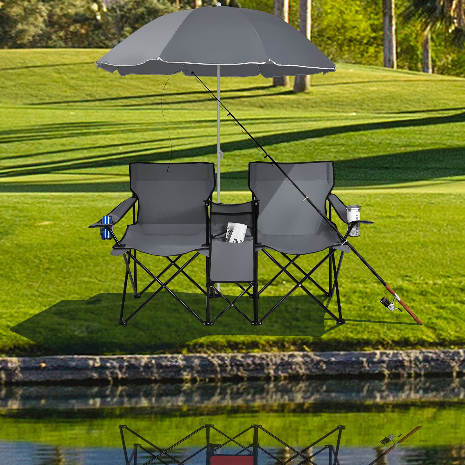 Double Folding Picnic Chairs Umbrella Mini Table Beverage Holder Carrying Bag