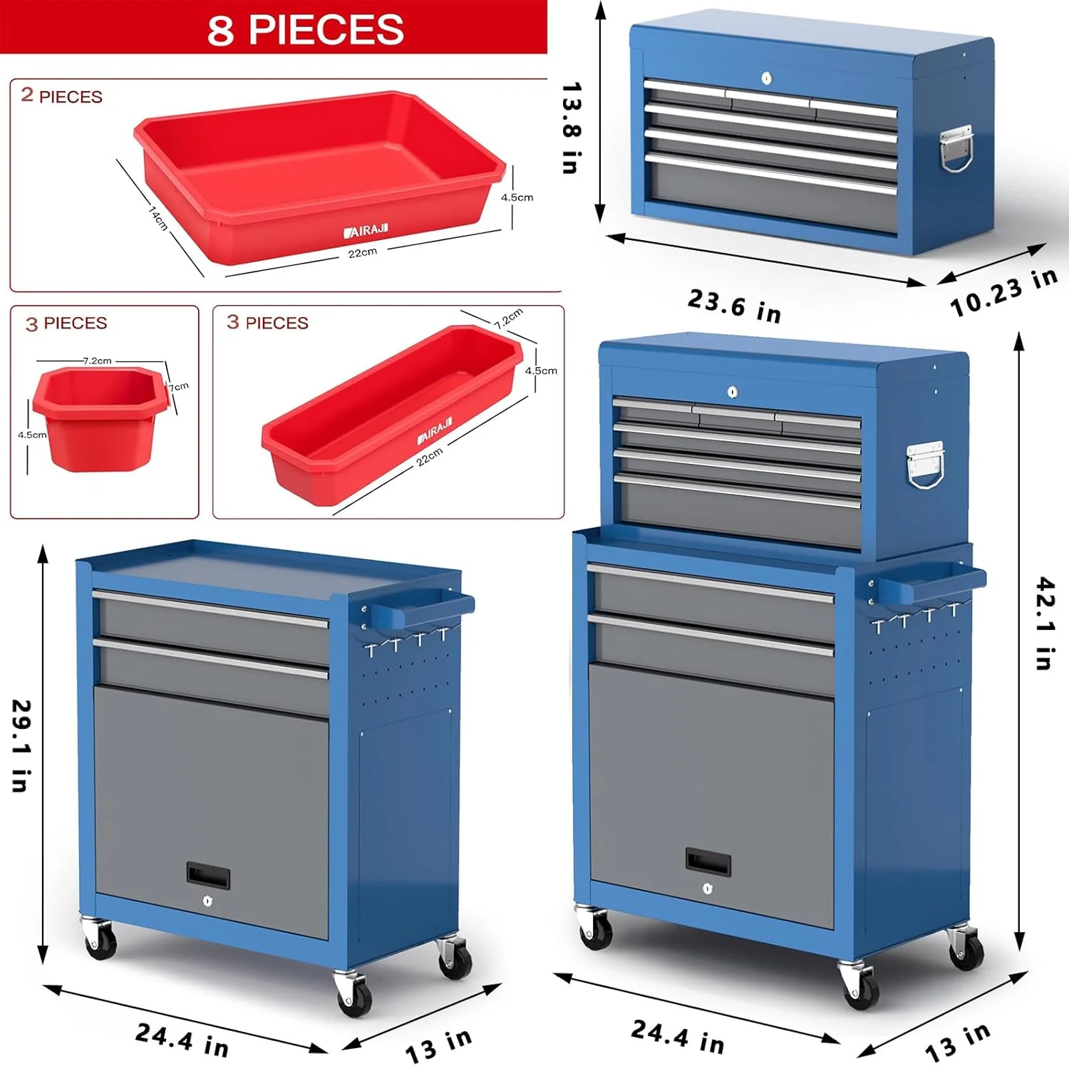 Tool Chest 8-Drawer | 42'' Large Rolling Tool Chest with Wheels | Detachable Top Metal Tool Box | Garage Storage Cabinet for Repair Room,Warehouse | Rolling Tool Box with Hooks,Liners,Tray Divider