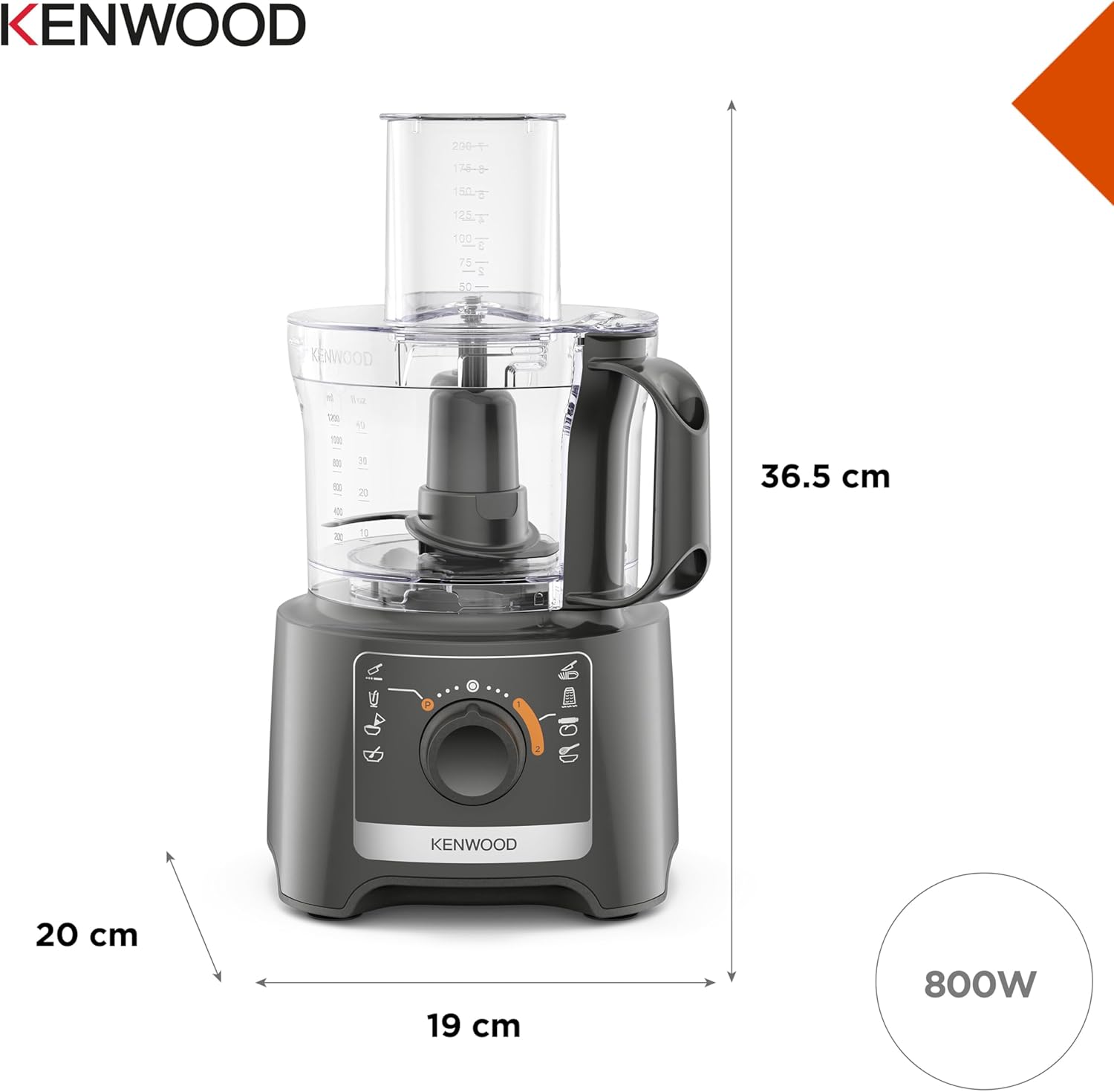 Kenwood MultiPro Compact Food Processor and Blender FDP31.360GY, Includes 1.2L Blender Bowl and 1.2L Food Mixer Bowl, Citrus Juicer, Slicing Grating Disc, Variable Speed with Pulse Function, 800W, Grey