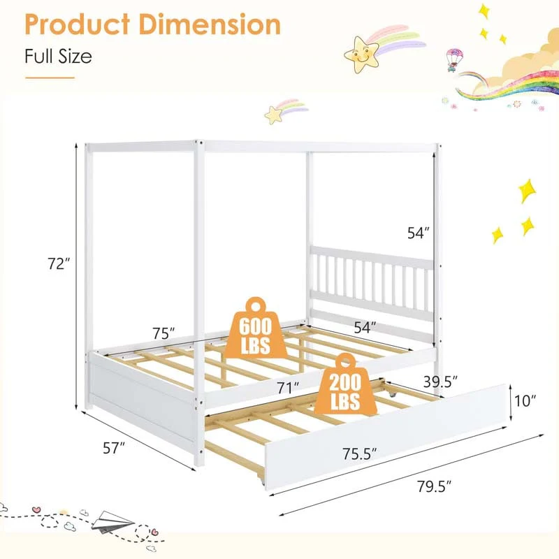 Full Size Canopy Bed with Trundle, Solid Wood Platform Bed Frame with Headboard, Full Bed for Kids Teens Adults