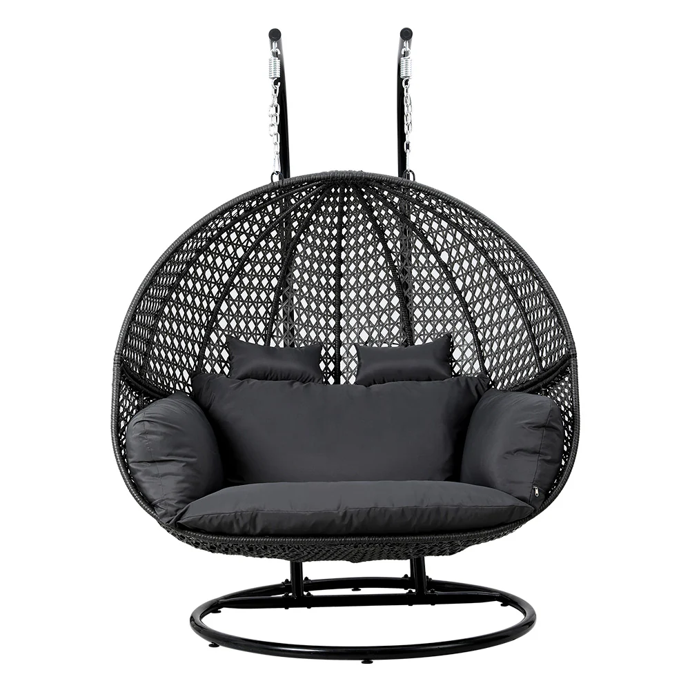 Gardeon Outdoor Egg Swing Chair Wicker Furniture Pod Stand Cushion 2 Seater Grey