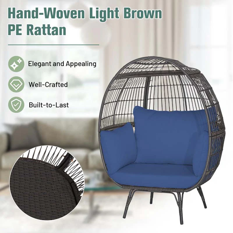 Oversized Wicker Egg Chair with 4 Cushions, Steel Frame Basket Chair Indoor Outdoor Patio Lounge Chair