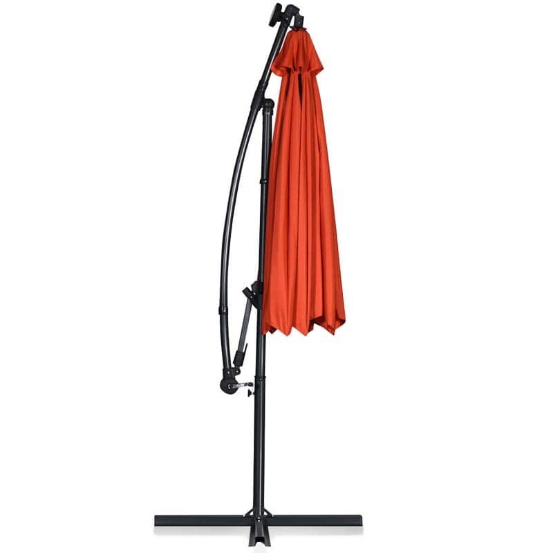 10 FT Patio Offset Umbrella with Solar Lights 360�� Rotation Outdoor Market Umbrella with Crank Handle & Cross Base
