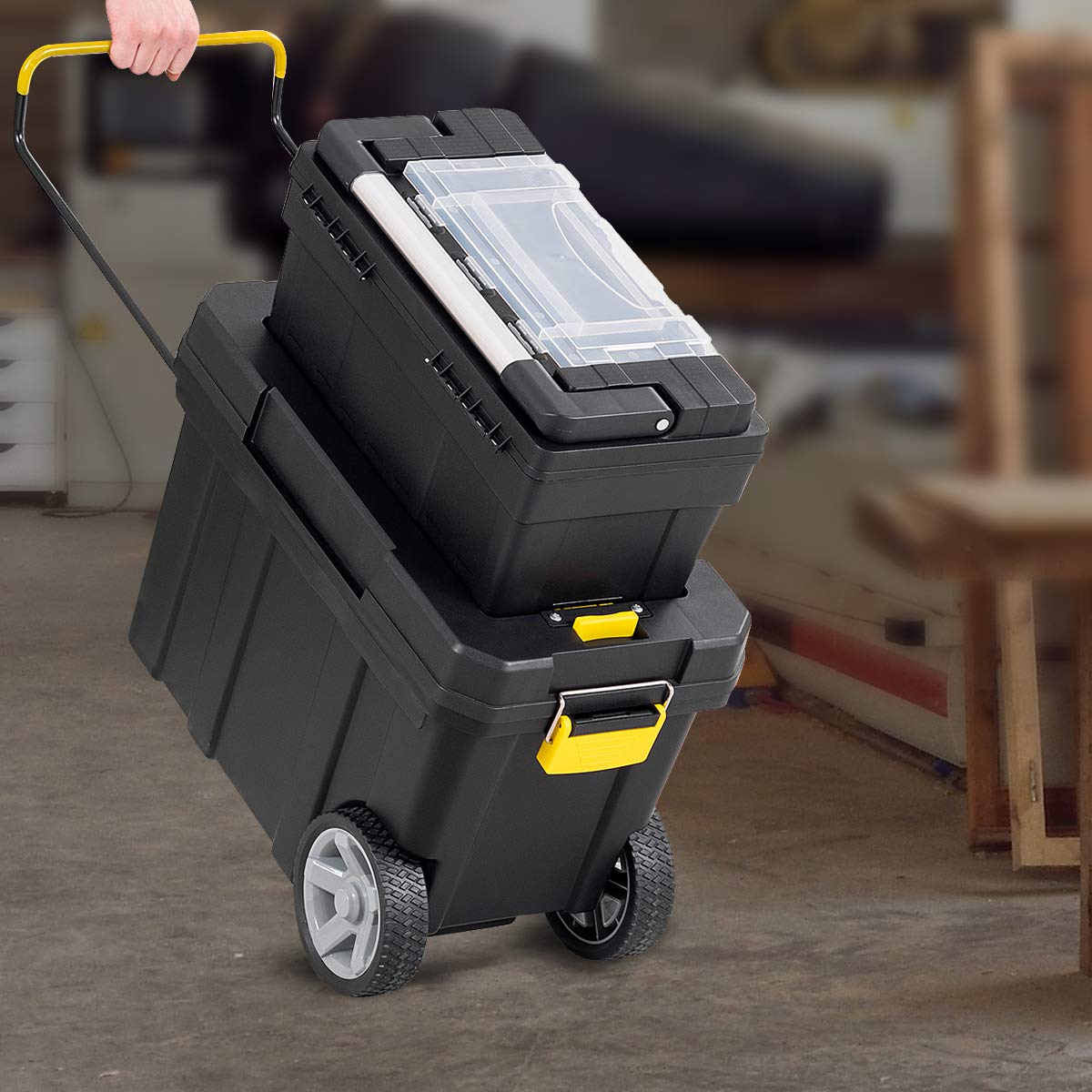 2-in-1 Tool Box Portable Rolling Toolbox Storage Solution Multi-Purpose Plastic Organizer Set
