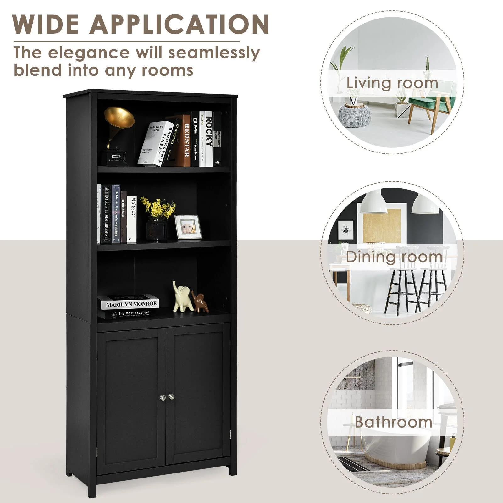 Giantex 182CM Bookcase with Doors, 3 Tier Open Book Shelving, Standing Wooden Display Bookcase