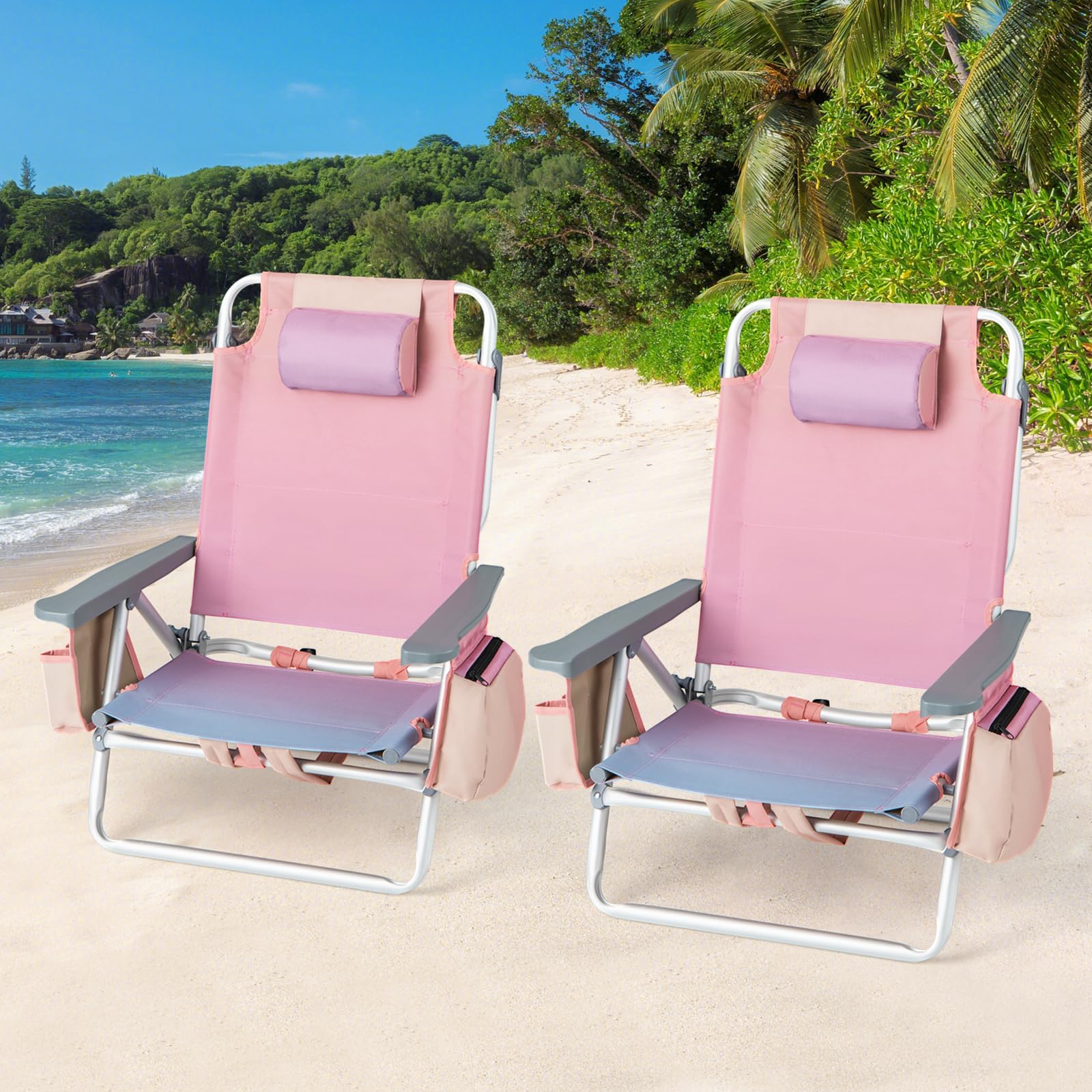 Backpack Beach Chairs, 4 Pcs Portable Camping Chairs with Cool Bag and Cup Holder