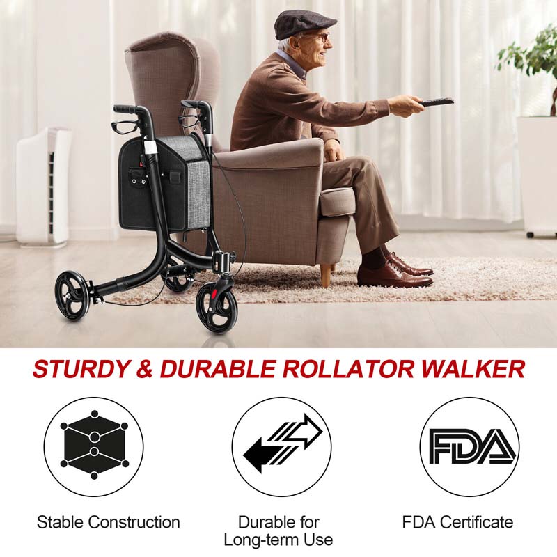 3-Wheel Folding Rollator Walker with Shopping Bag, Lightweight Aluminum Mobility Walking Aid