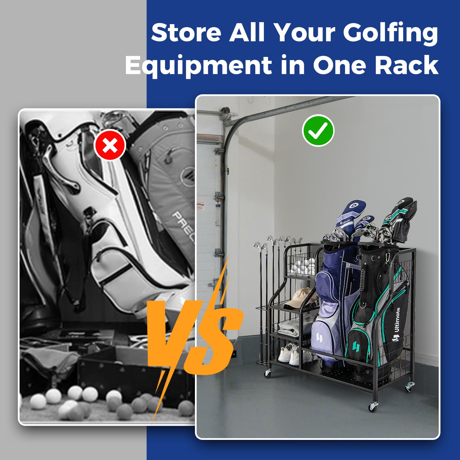 Golf Bag Storage Garage Organizer, Extra Large Storage Stand for 2 Golf Bags