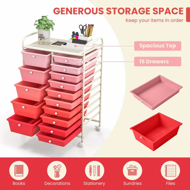 15-Drawer Storage Drawer Cart Tools Scrapbook Paper Organizer Cart Office School Utility Cart Rolling Storage Cart with Wheels