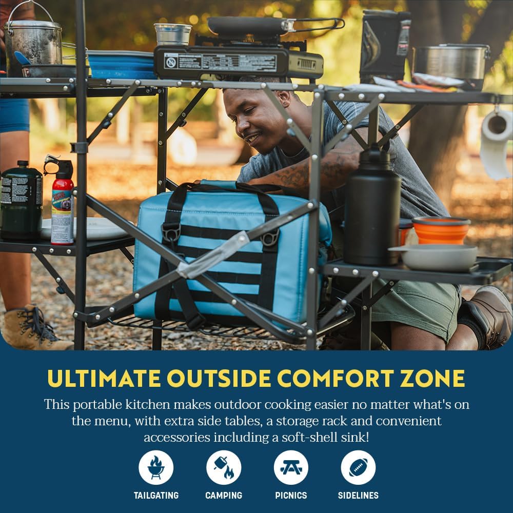 GCI OUTDOOR Master Cook Station | Portable Folding Kitchen Table with Soft Shell Sink, Heat Resistant Tabletop & Telescoping Lanter Pole, Perfect for Camping Trips