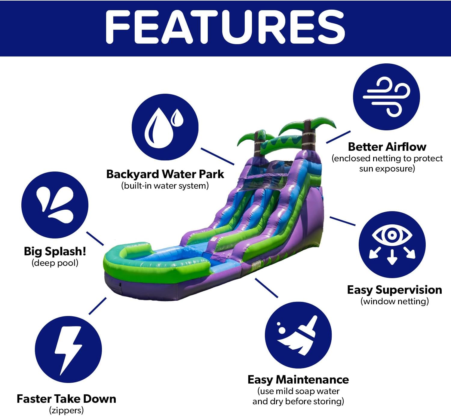HeroKiddo 16 Purple Tropical Lightweight Premium Commercial Grade Water Slide Inflatable with Attached Pool for Kids and Adults (with Blower), Wet Dry Use, Summer Fun