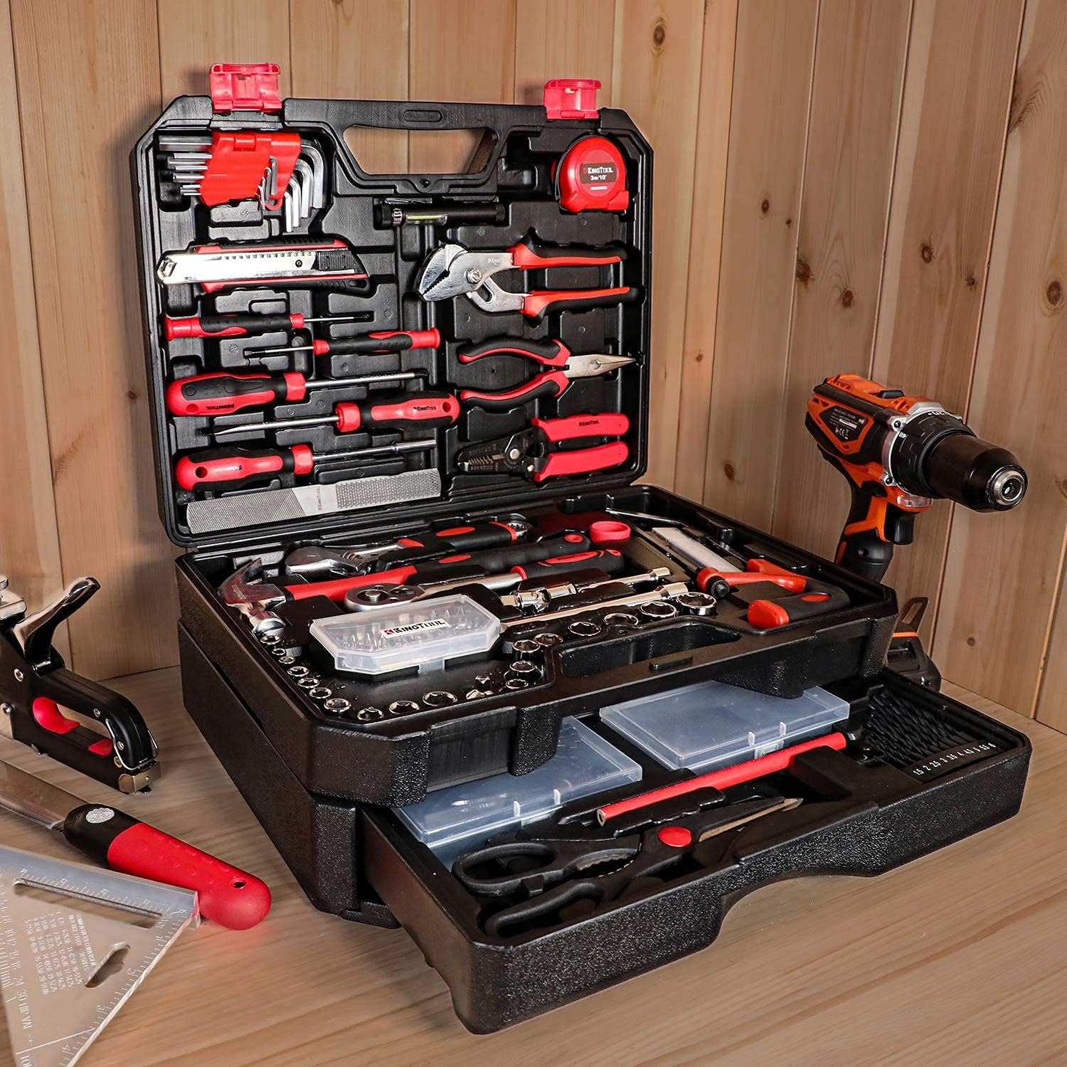 Home Tool Set Kit - 286 PCS Home Auto Repair Tool Kit with Rolling Tool Box, Mechanic Tool Sets with 21V Max Cordless Power drill, Perfect for Homeowner, Diyer, Handyman