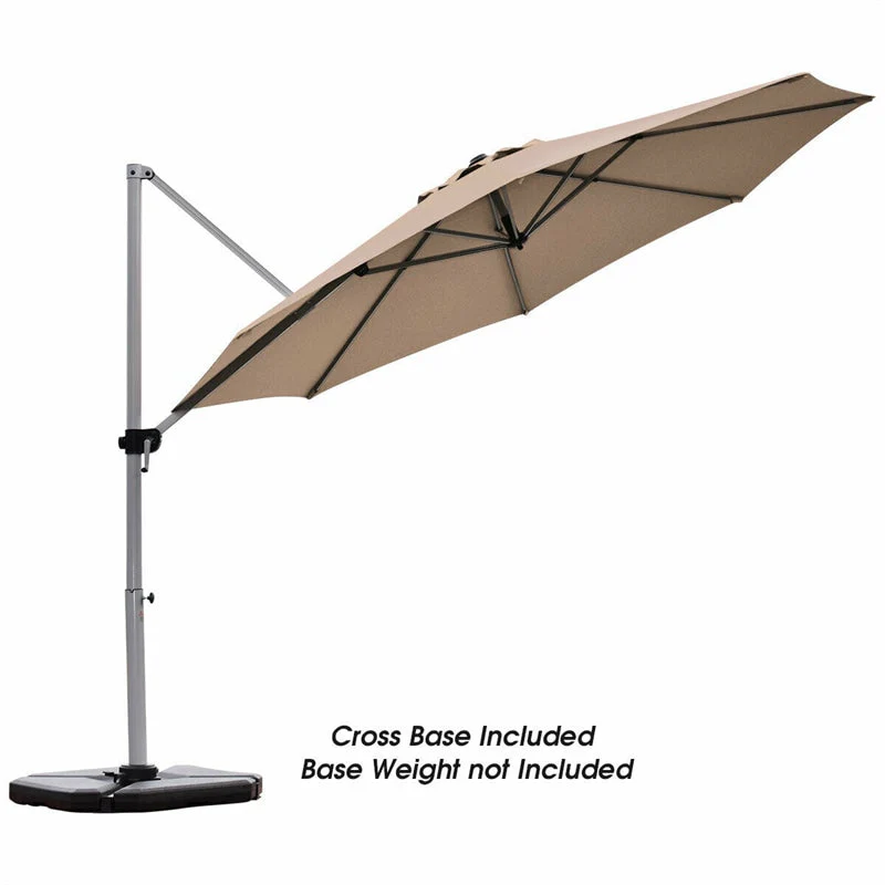 11 FT Patio Offset Cantilever Umbrella 360�� Rotation Tilt with Cross Base & Crank Handle