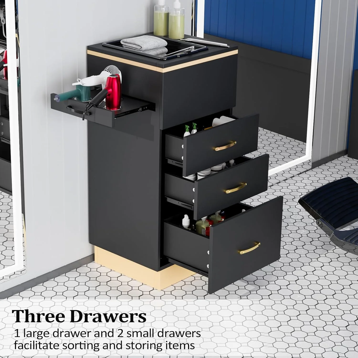 OmySalon Salon Storage Station, Barber Stations Beauty Salon Spa Equipment with 3 Drawers, a Storage Basin, 3 Hair Dryer Holders for Hair Styling, White Gold