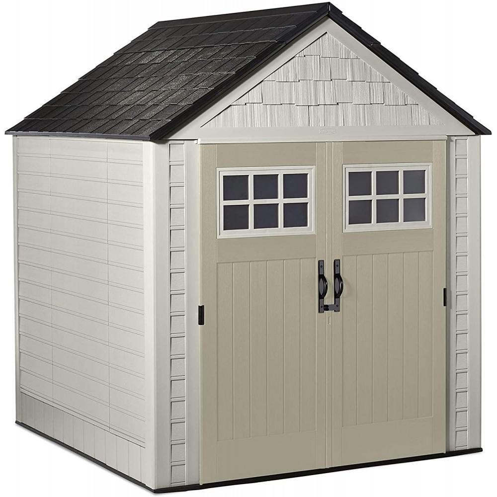 Rubbermaid 7��7 Ft Durable Weather Resistant Resin Outdoor Garden Storage Shed with Windows and Utility Hooks, Sand