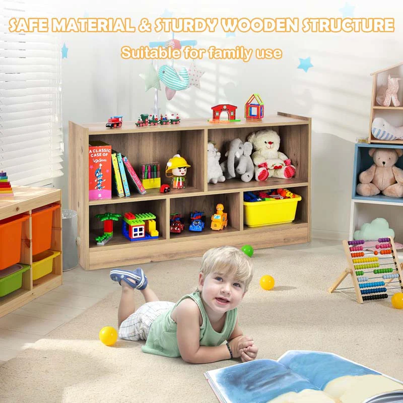 2-Shelf Kids Bookcase 5-Cube Wood Toy Storage Cabinet Organizer for Classroom, Playroom, Nursery, Kindergarten