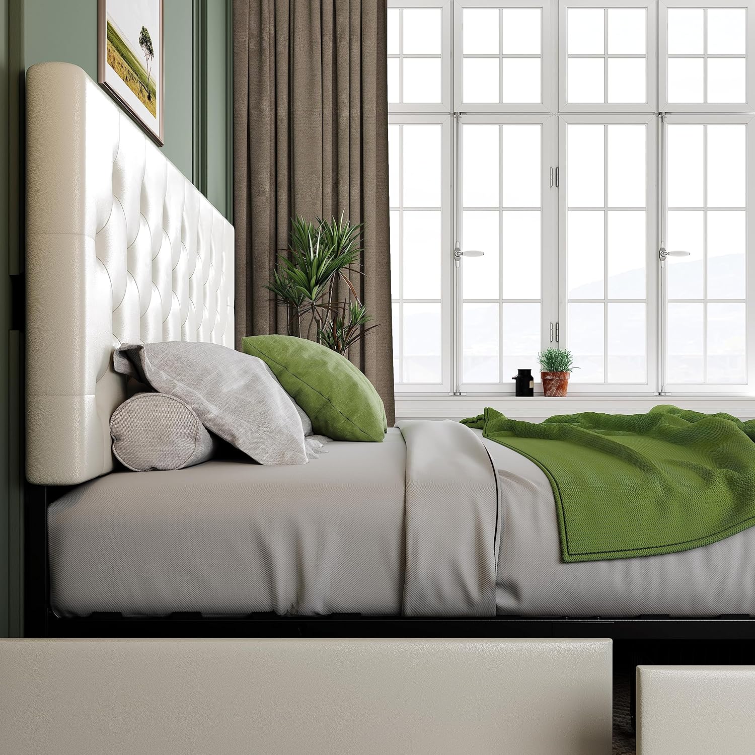 Allewie Upholstered Queen Size Platform Bed Frame with 4 Storage Drawers and Headboard, Square Stitched Button Tufted, Mattress Foundation with Wooden Slats Support, No Box Spring Needed, Light Grey