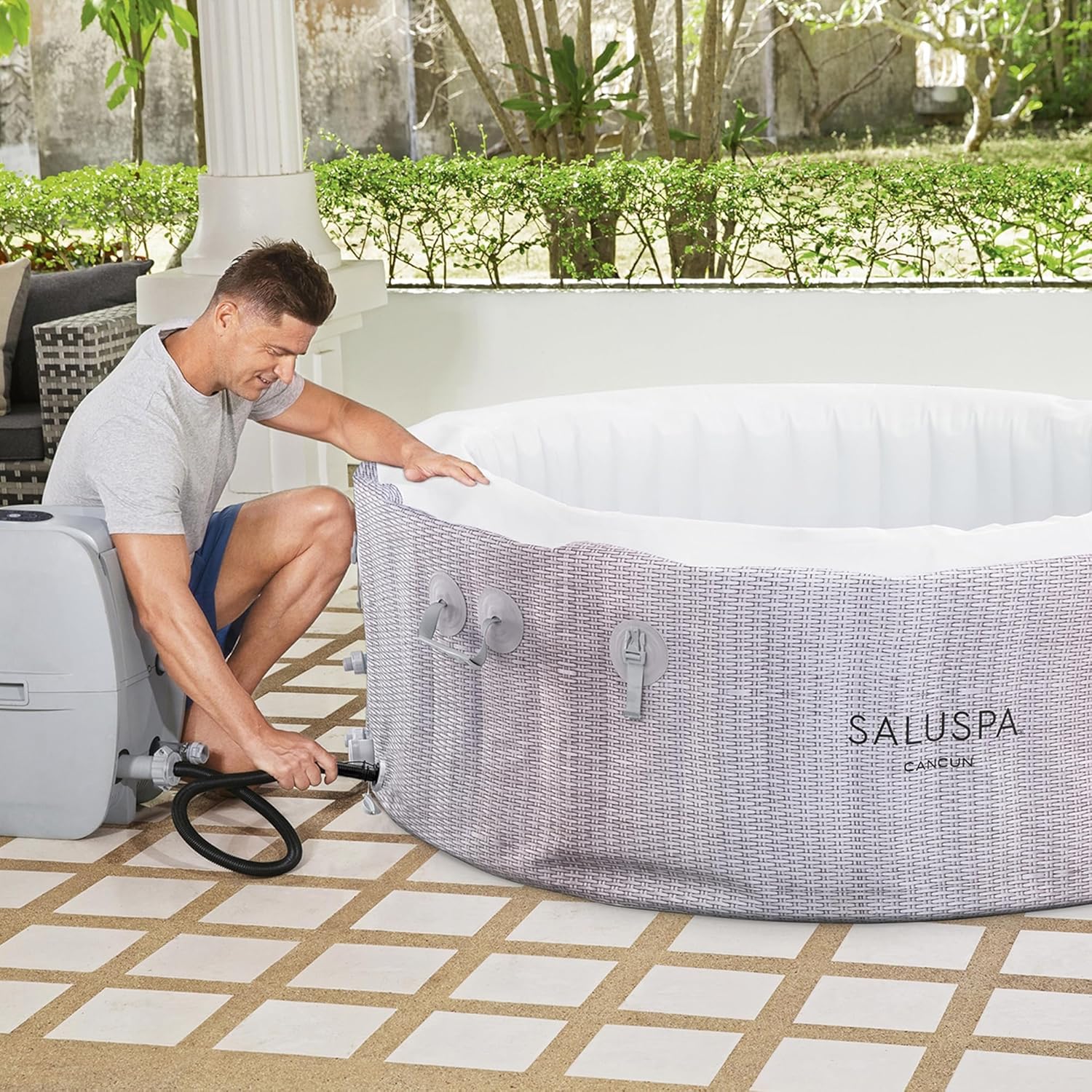 SaluSpa Fiji AirJet Large Round 2 to 4 Person Inflatable Hot Tub Portable Outdoor Spa with 120 AirJets and EnergySense Cover, Grey