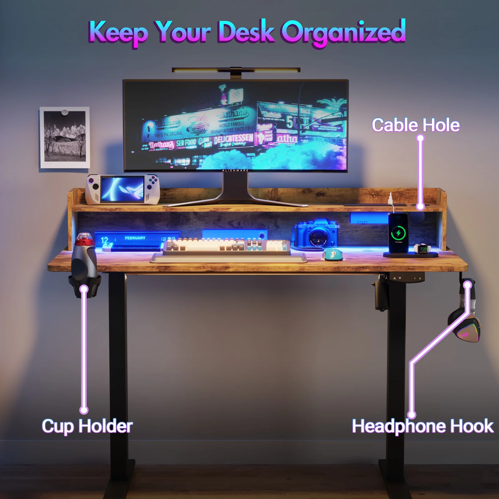 LED RGB Light Electric Standing Desk Brown