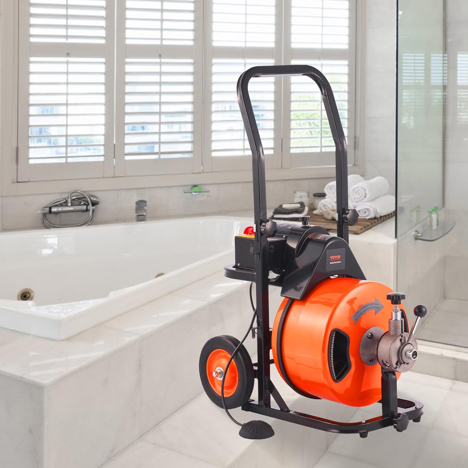 Drain Cleaner Machine 100FT x 1/2Inch, Auto Feed Sewer Snake Auger with 4 Cutter & Air-activated Foot Switch for 1