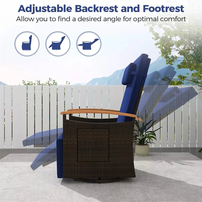 Outdoor 360�� Swivel Rattan Recliner Chair with Adjustable Backrest & Footrest, Patio Wicker Chaise Lounge Chair with Flip Side Table & Cushion