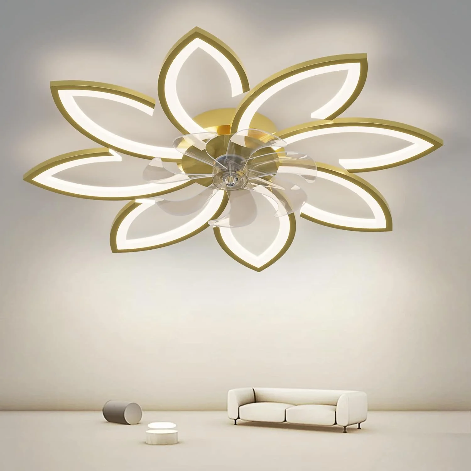 Modern Ceiling Light Fan, Low Profile, 6 Wind Speed, 3 Color 90cm, Gold